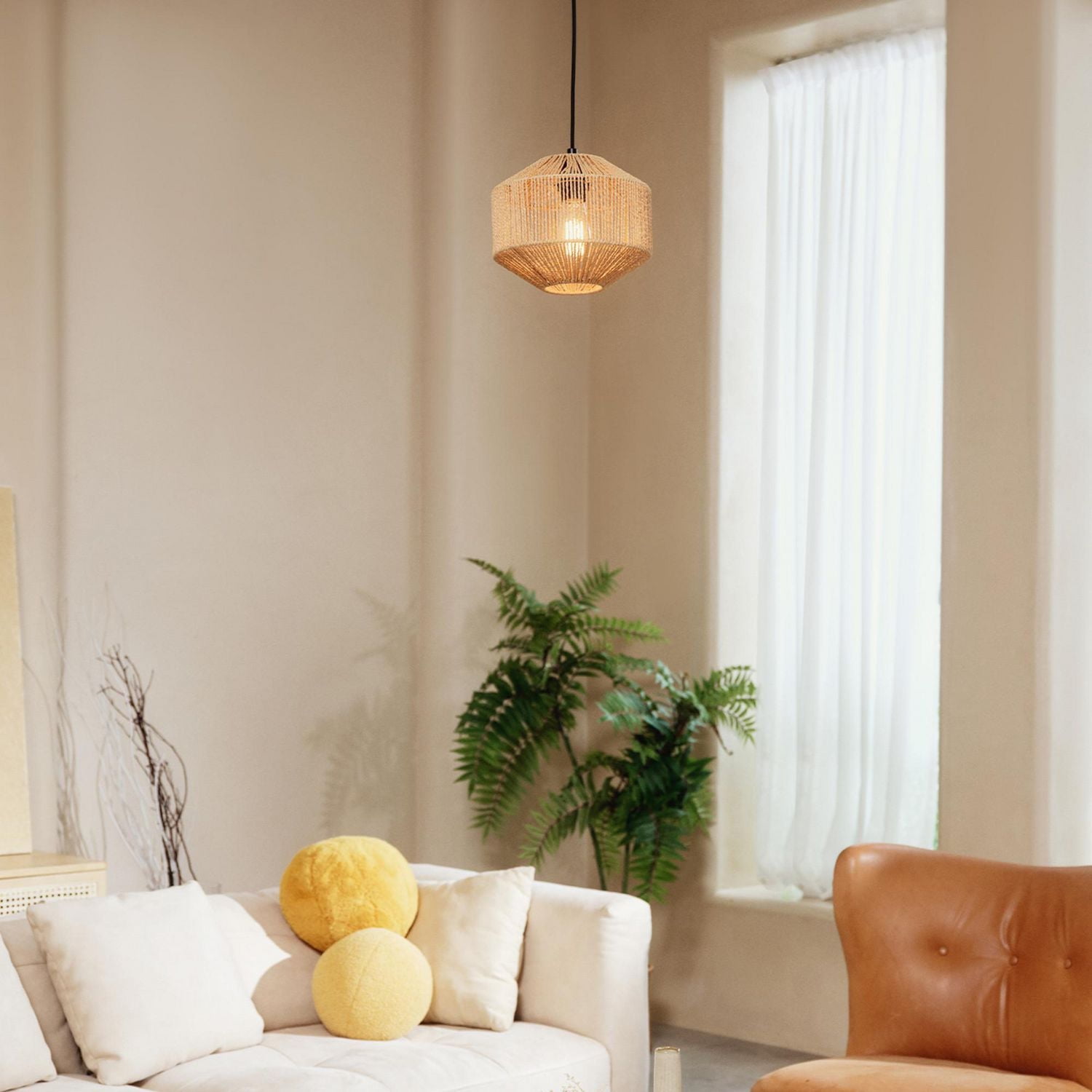 Lotus 1-Light Pendant Lighting, Natural Twine Shade, Black Fabric Cord