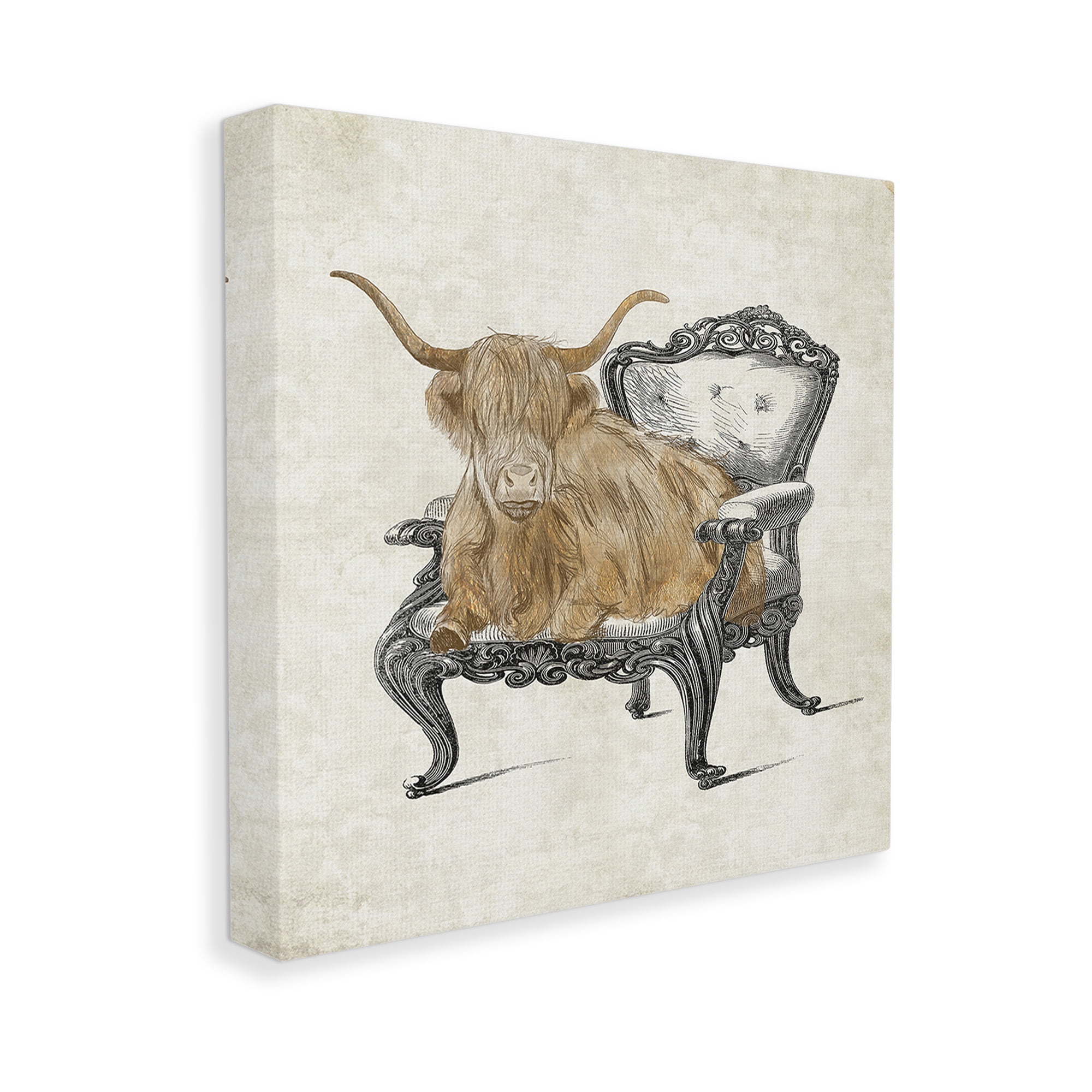 Stupell Industries Longhorn & Vintage Armchair Animals & Insects Painting Gallery Wrapped Canvas Art Print Wall Art, 24 x 24