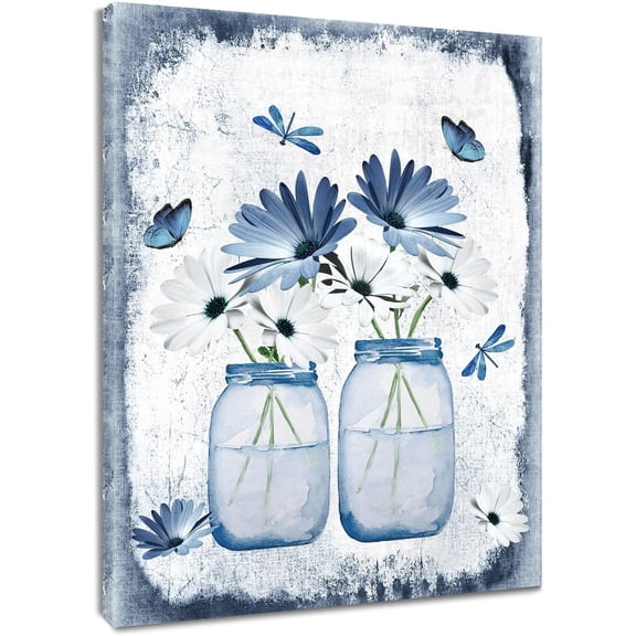 Blue and White Floral Wall Art Vintage Farmhouse Flower Canvas Poster Butterfly Dasiy Flower Vertical Unframed Prints Wall Decor for Bathroom Living Room Bedroom Kitchen Office,12Wx16L inch