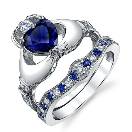 Sterling Silver 925 Irish Claddagh Friendship Love Engagement Wedding Ring Sets Simulated Sapphire Blue Heart CZ