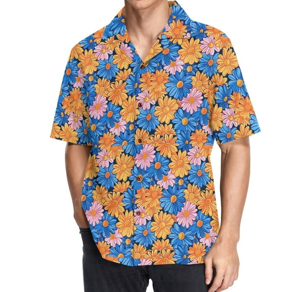 joogoo Men's Hawaiian Shirt Orange and Blue Flowers Short Sleeve Casual Button Down Shirts M