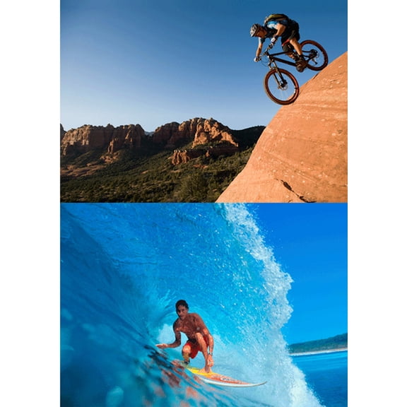 Sports : 2 3D Lenticular Postcard - 4x6 Greeting Card - Mountain biker & Surfer in the Curve of a Wave