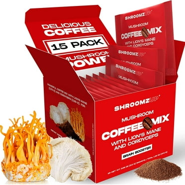 ShroomzUp Mushroom Coffee Instant 15 Pack - Lion's Mane and Cordyceps - Nootropic Mushroom Coffee for Maximum Energy