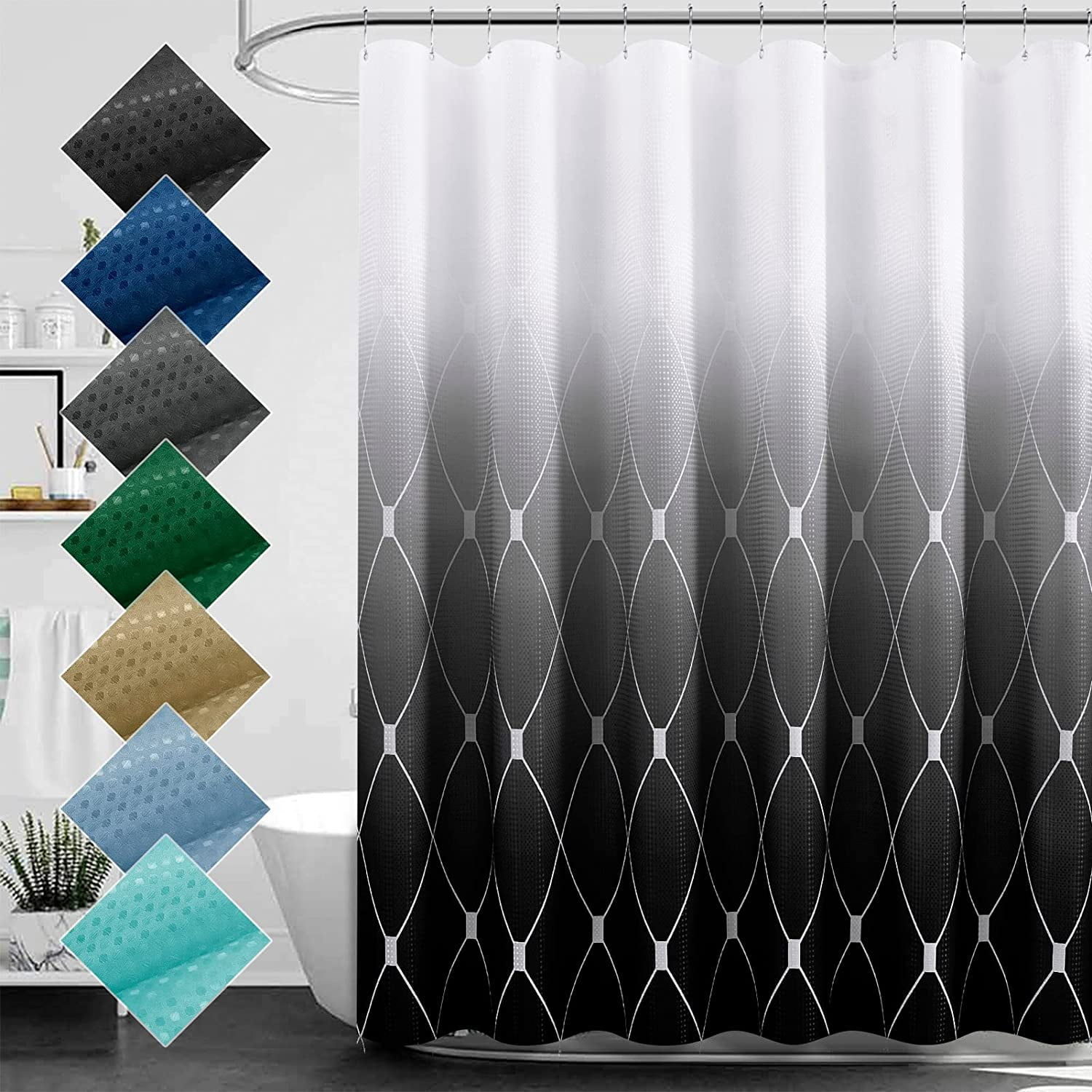 Extra Long Black Ombre Shower Curtain 72x84 for Bathroom, Waffle