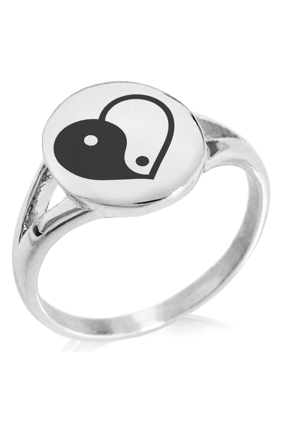 Stainless Steel Yin Yang Heart Minimalist Oval Top Polished Statement Ring