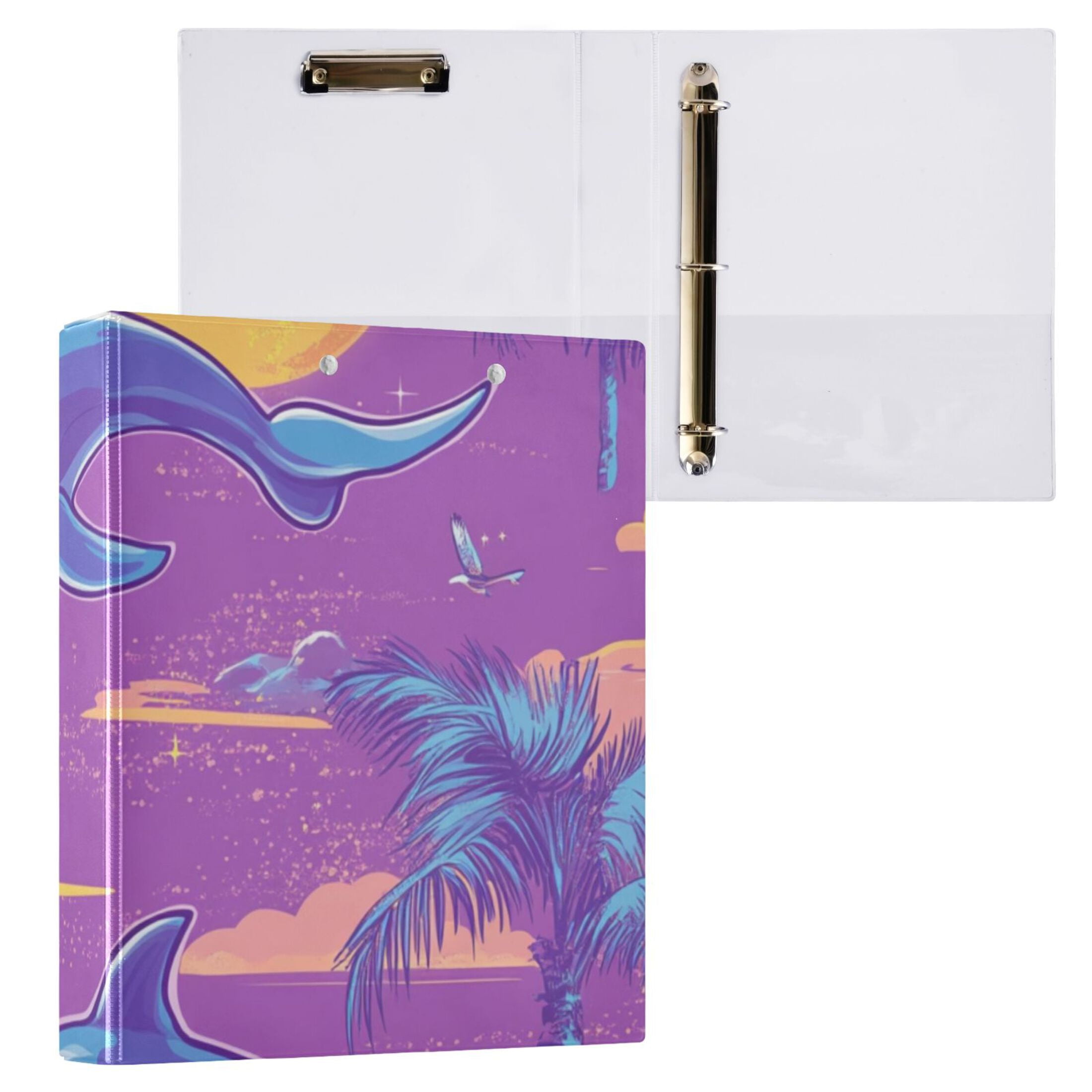 Retro Dolphins Trees 3 Ring Binders 1.5 inch Hardcover File Folders with Interior Pockets A4 Size Organizer for School Office Hospital