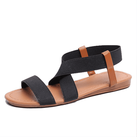 Lowestbest Sandals for Women, 001BK36NS Women's Flat Sandals Criss-Cross Open Toe Wide Elastic Strap Fashion Summer Shoes for Ladies, Black Soft Elastic Band Slippers Flip Flops, (Best Shoes For Flat And Wide Feet)