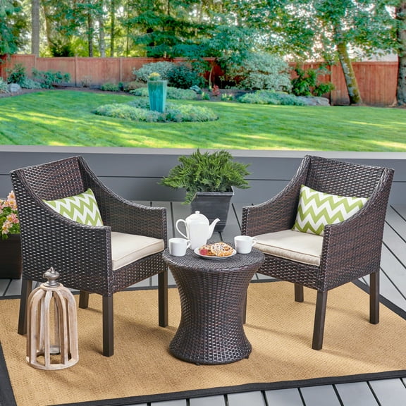 GDF Studio Janet Outdoor Wicker 3 Piece Chat Set, Multibrown and Beige