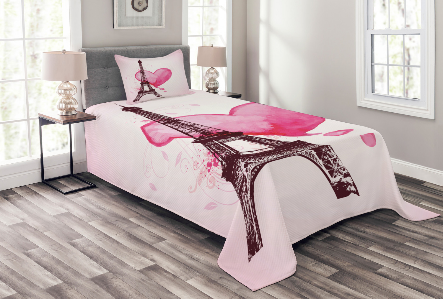 Eiffel Tower Bedspread Set Twin Size, Eiffel Romantic Valentine Love