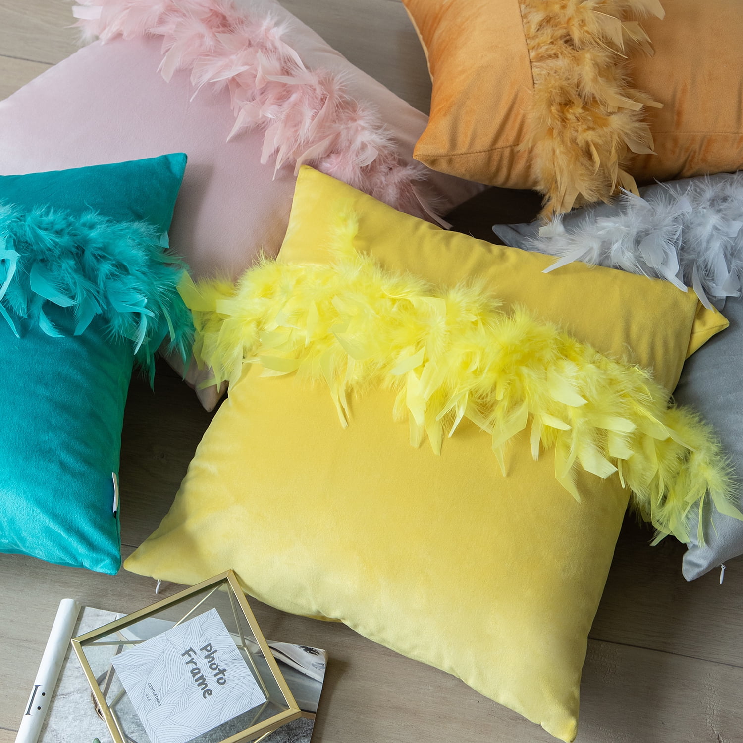 Soft Feather Velvet Modern Cushion, Decorative Couch Pillow, 22" x 22", Off White, 2 Pack