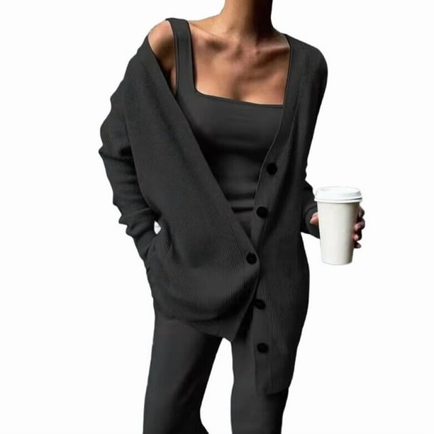 Conjunto de 3 Piezas de Punto para Mujer: Cárdigan de Larga, Camiseta Sin Mangas, Pantalón y Chándal. Negro M