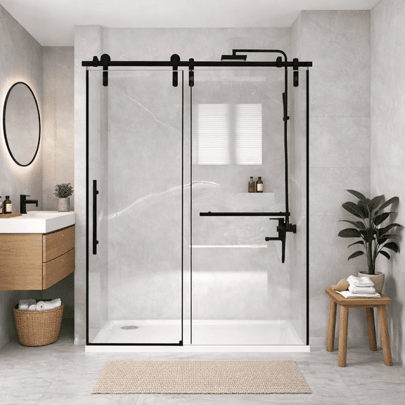 50-54" x 76" H Frameless Sliding Shower Door, 5/16" (8mm) Clear Tempered Glass, Stainless Steel Frame,Matte Black