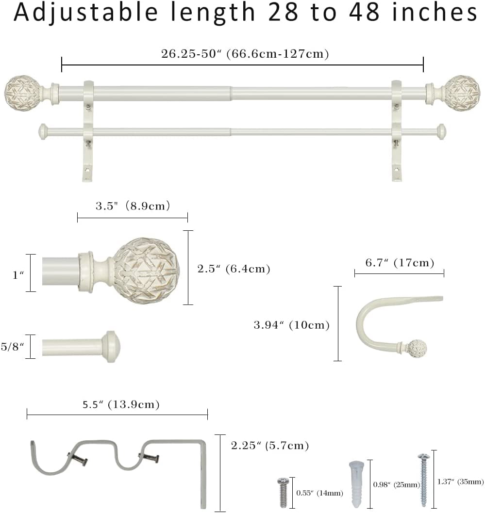 eTeckram 1" Double Curtain Rod with Geo Ball Finials and holdbacks(28''-48'',Weathered White)