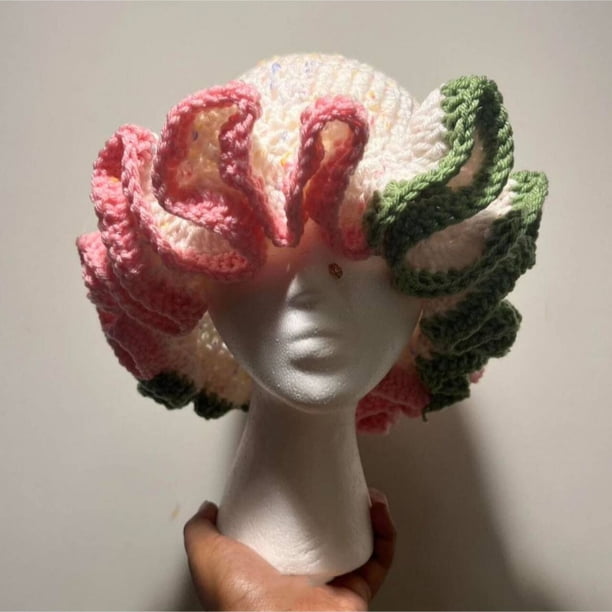 Sombrero de pescador de encaje tejido a mano, sombrero de adulto, sombrero de lana con volantes, sombrero tipo jersey de moda para Halloween