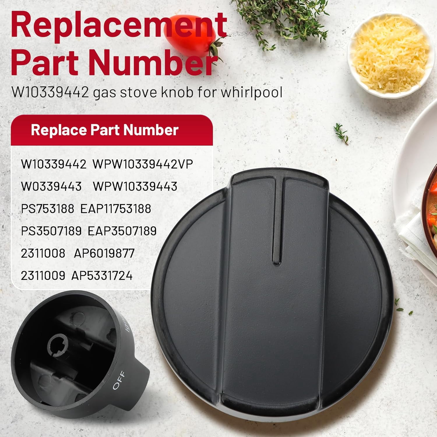 Upgraded W10339442 Stove Knobs Replacements for Whirlpool Gas Range, Replaces WPW10339442VP, 2311008, AP6019877, PS11753188, EAP11753188, 4 Pack