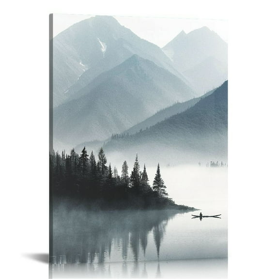 JRXY Indigo Framed Canvas Wall Art Misty Mountain Wall Pictures Foggy Lake Boat Canvas Prints Forest Birds Canvas Wall Decor for Living Room Bedroom Decorations Framed Natural 12x16 in