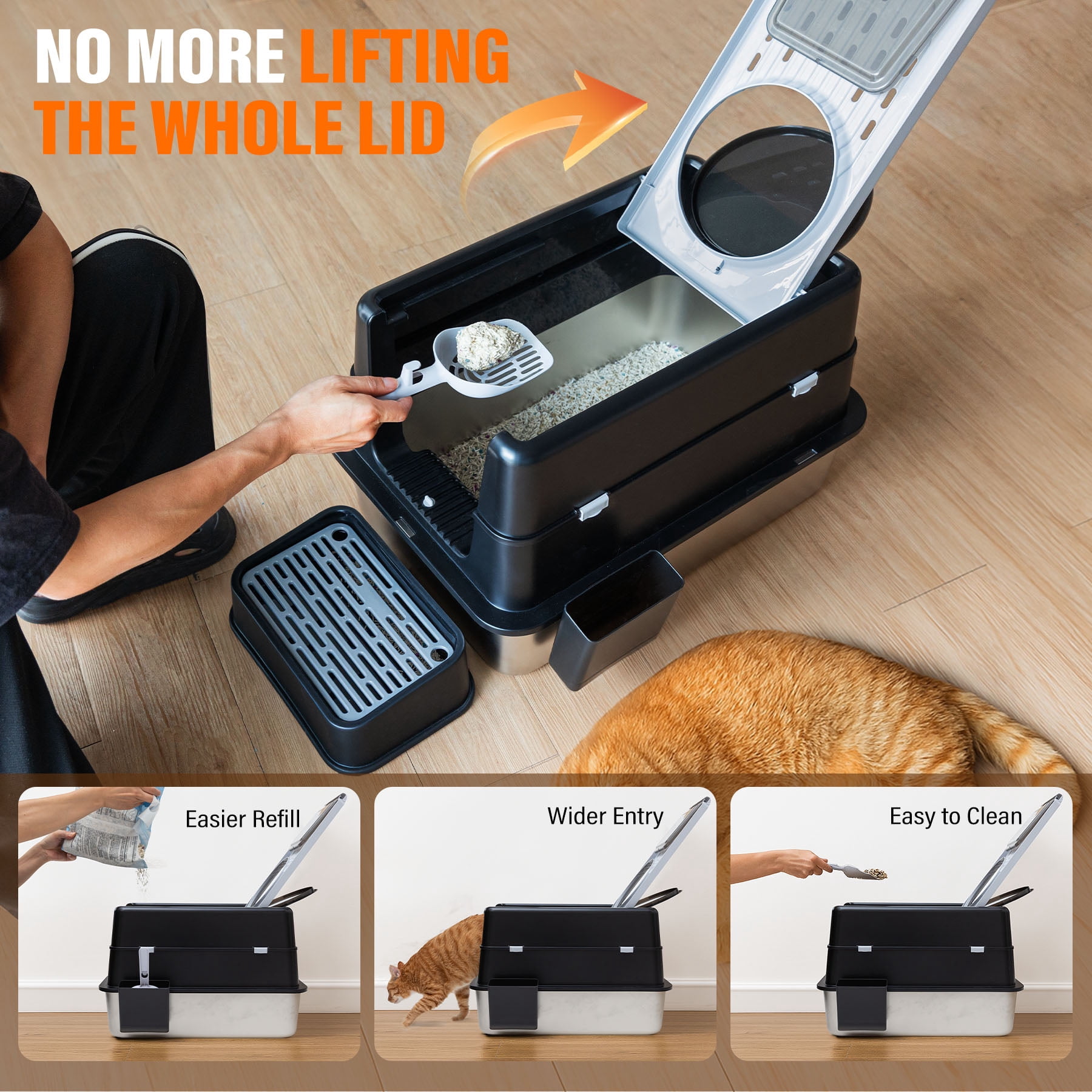 Stainless Steel Litter Box, XL Top Entry Cat Litter Box with Flip Lid, High Side Large Top Front Dual Exit Enclosed Cat Litter Pan Tray with Litter Scoop and Foot Pedal, Easy Cleaning, Anti-Leakage