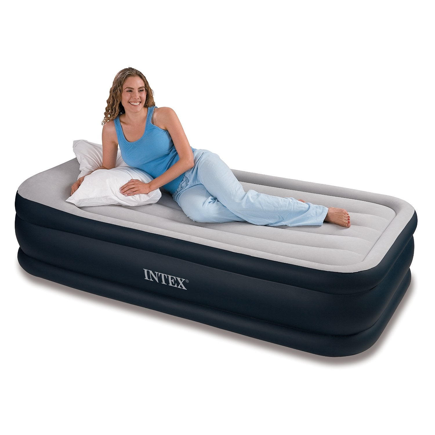 Intex Twin Deluxe Pillow Rest Raised Soft Flocked Air Mattress Bed with Pump 
