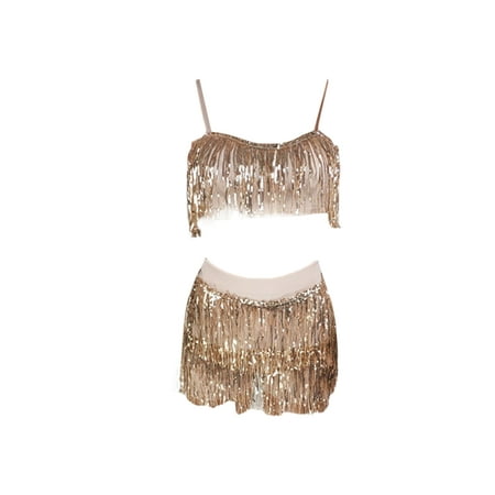 

FOCUSNORM Club Wear Women Costume Set Sequins Tassel Bra Tops + Skirt For Nightclubs Party