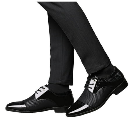 

Chnzic Men Breathable Business Formal Casual Pointed Toe Shiny Lace Up Patchwork Leather Shoes