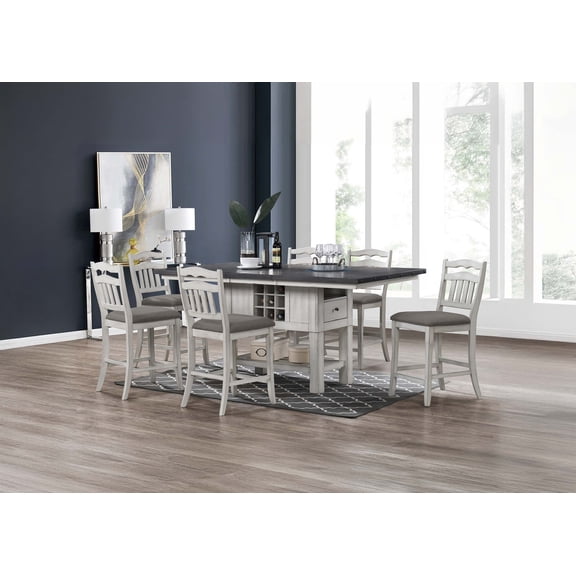 Antique White 7pc Counter Height Dining Set Table Under Storage 6x High Chairs Slat Back Solidwood Dining Room Furniture