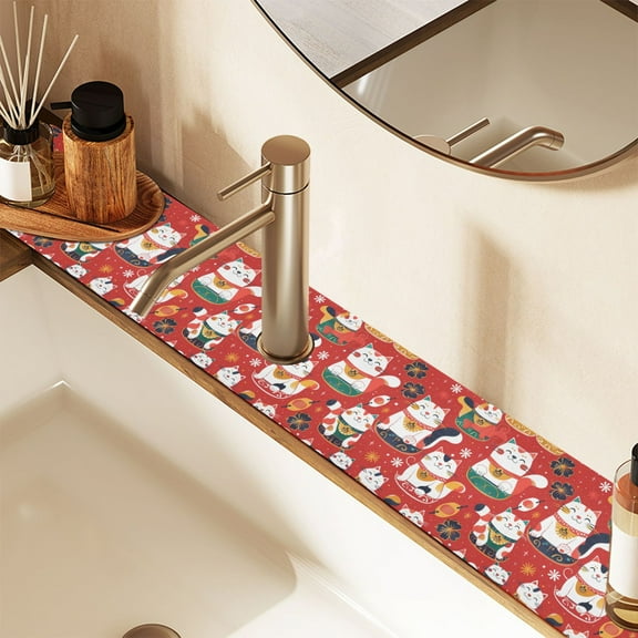 2 Pack Japanese Lucky Cats Faucet Mat for Kitchen Sink 30'' Sink Splash Guard Mat Super Absorbent Fast Drying Drain Pad