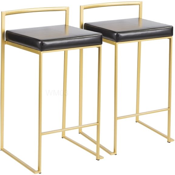 Set of 2 Stackable Bar Stools, Modern Faux Leather Kitchen Counter Stools with Gold Frame and Padded Seat