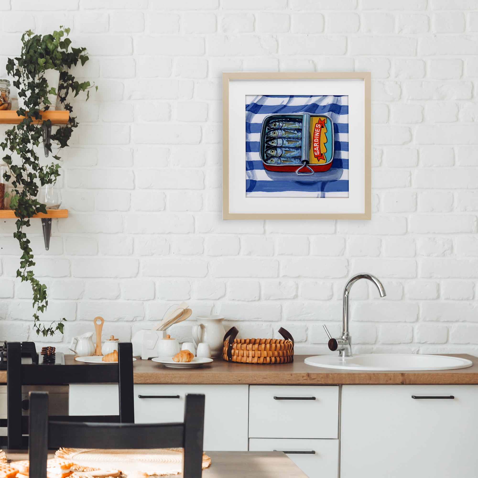 Stupell Industries Sardines On Striped Cloth Birch Framed Print Under Glass, design by Kate Jarvik Birch
