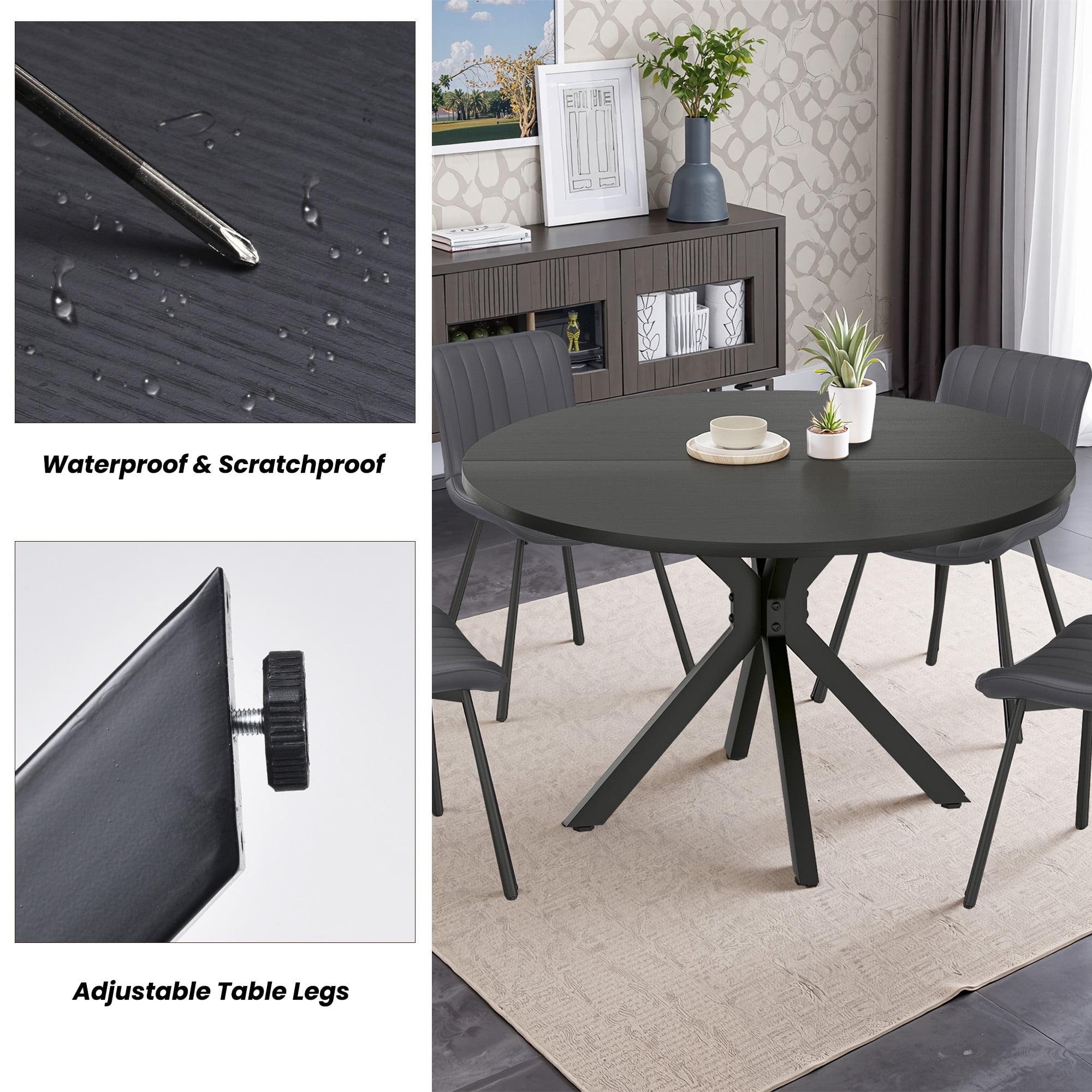 MAYEERTY 47"Round Modern Dining Table Fits 4-6, Farmhouse Style,Metal Frame for Kitchen/Dining Room, Black