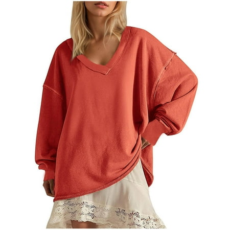 Oversized Sweatshirt Women Loose Fit Cotton Vintage V Neck Sweatshirts Long Sleeve Tops Cotton Baggy Pullover Top S-XXL Red XXL