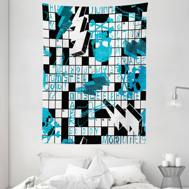 Retro Tapestry Crossword Puzzle Theme With Skulls Thunder Bolts Grunge Style Ilration Wall Hanging For Bedroom Living Room Dorm Decor 60w X 80l Inches Blue Black And White By Ambesonne Com - Blue Wall Decorations Crossword