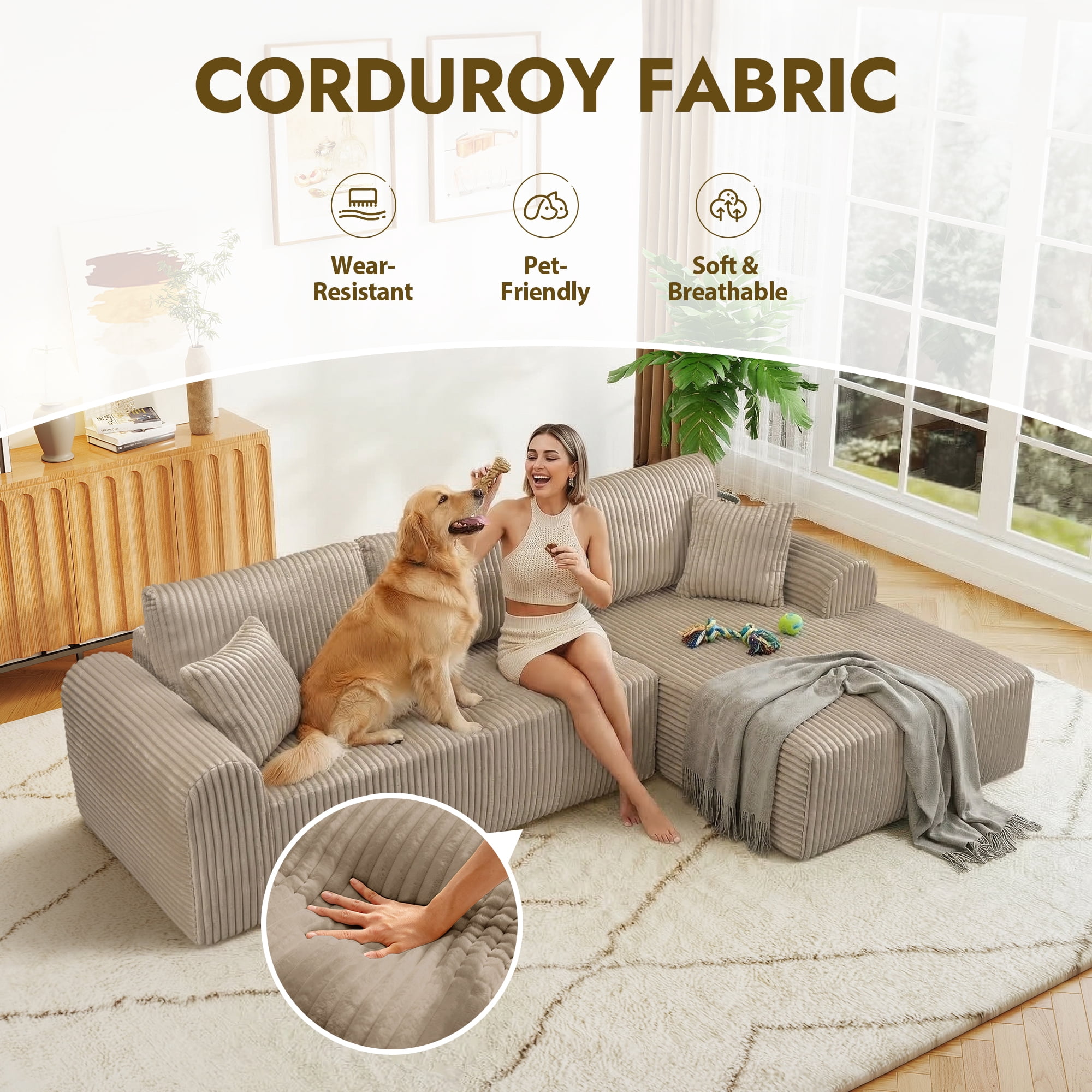 Aukfa 109" Modular Cloud Sectional Sofa with L-Shape Chaise, Corduroy Upholstered Deep Seat Couch, Right Facing Chaise, No Assembly Boneless Sofa for Living Room/Bedroom/Apartment, Camel