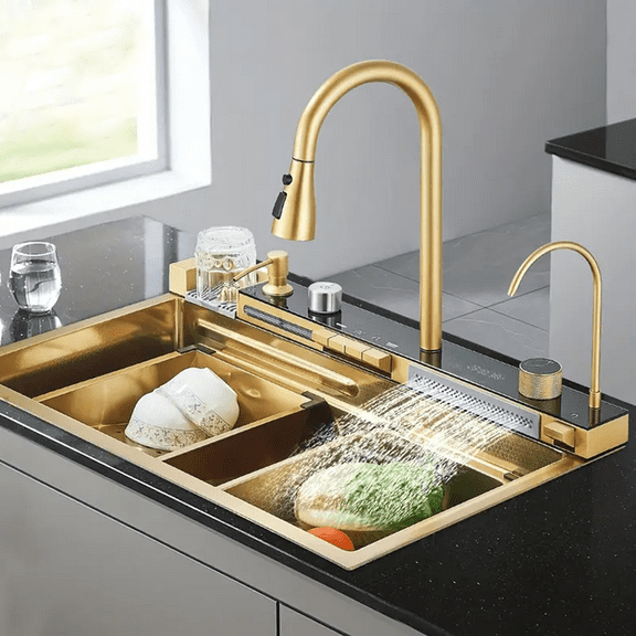 Brushed Gold Stainless Steel 30" Drop In Kitchen Sink Top Mount Single Bowl w/Kitchen Facuet