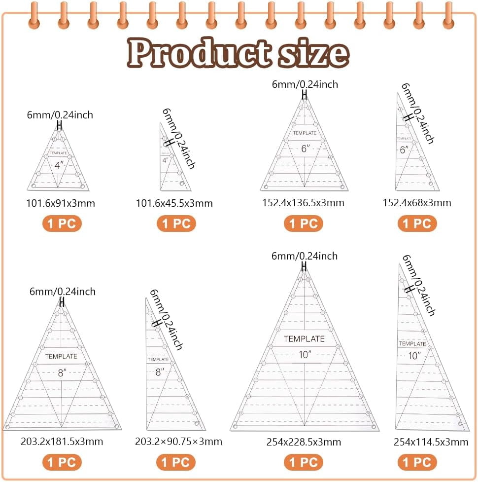 8 Pcs Triangle Quilting Template Triangle Rulers Quilting Transparent Acrylic T-Shirt Rulers Acrylic DIY Hand Patchwork Template