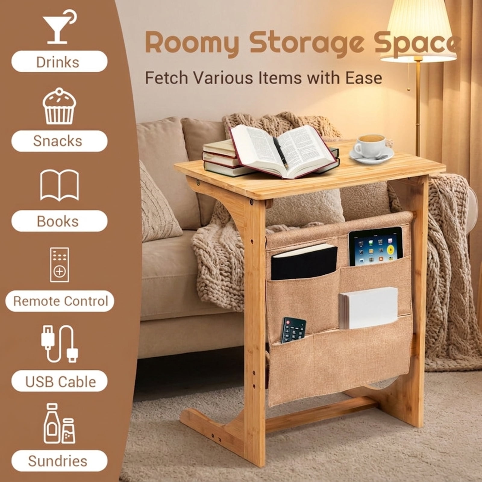 Furnibear Bamboo Sofa Table End Table Bedside Table with Storage Bag - Natural - Bedroom Accent Nightstand Furniture