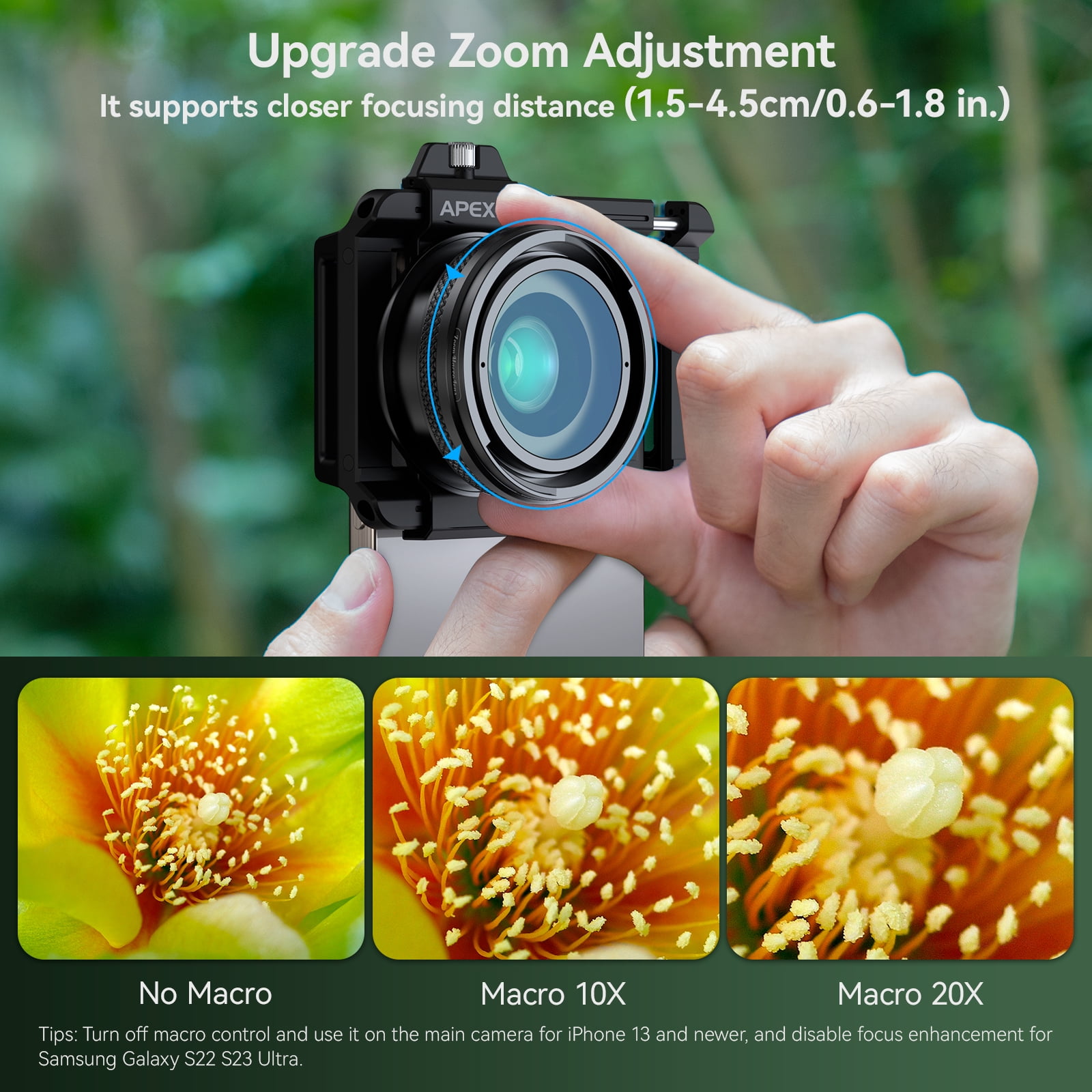 APEXEL 10-20X Macro Lens For IPhone & Android – HD Close-Up Lens With Fill Light For Photos