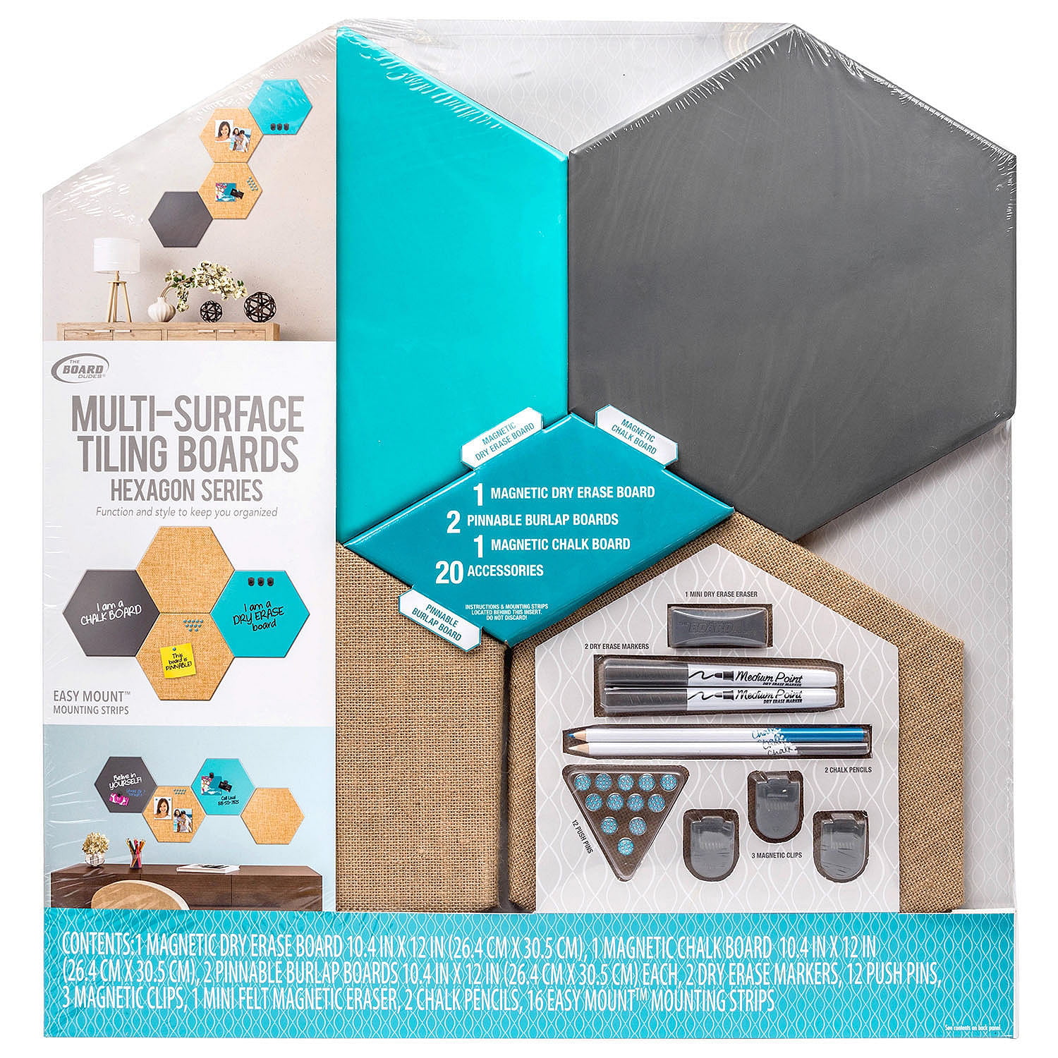 Mounting Strips &  Clip Magnetic Chalk Board  HEXAGON Black With Pencils 