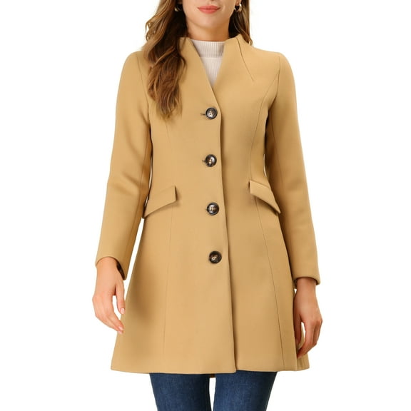 Unique Bargains Women's Elegant Winter Overcoat V Neck Single Breasted Coats XS Khaki