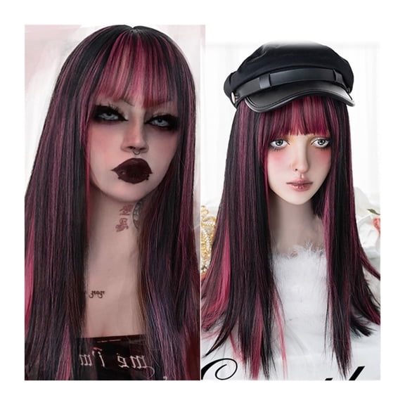 Synthetic Long Straight Hair Wig, Red Black Straight Wig with Bangs Natural Breathable Heat Resistant Synthetic Wig for Daily Party Cosplay