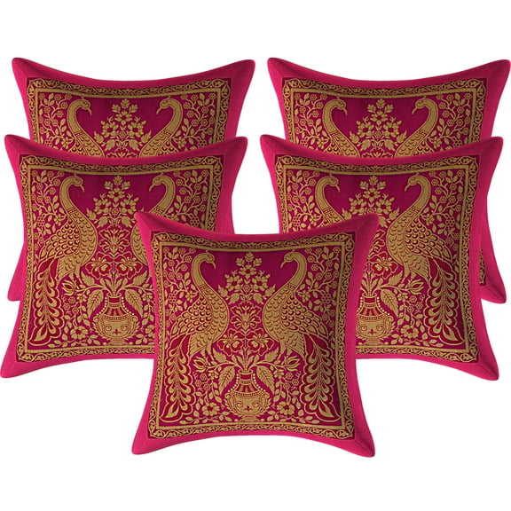 Stylo Culture Ethnic Couch Decorative Brocade Magenta And Gold Sofa Throw Pillow Covers 12x12 Jacquard Weave Banarsi Floral Throw Pillow Covers Peacock Floral 30x30 cm Cushion Covers (Set Of 5)