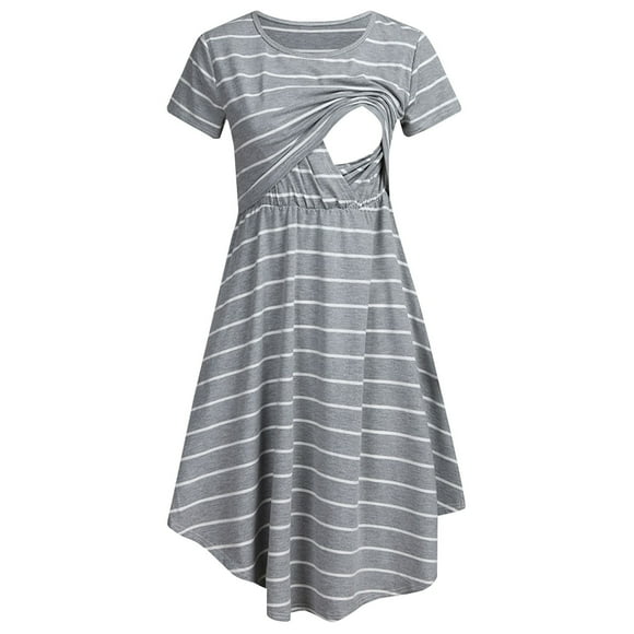 2025 Women Maternity Casual Striped Maternity Gown For Photoshoot Short Sleeve Dress Breastfeeding Dress Striped Multifunctional Striped Maternity Maternity Wear Dress Mom Lactation Dress