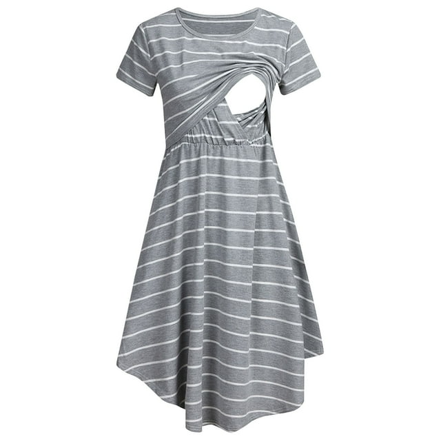 Kcodviy Robe de Maternité Décontractée à Rayures pour Femmes, Robe de Maternité à Épaules Dénudées à Manches Courtes, Robe d'Allaitement, Robes de Collation des Grades, Robe de Maternité à Rayures Multifonctionnelle, Robe d'Allaitement pour Maman