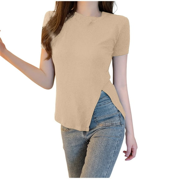 Mittory Women's Asymmetrical Split Hem T Shirt Short Sleeve Dressy Casual Tops Crewneck Ruched Side Tee Tops