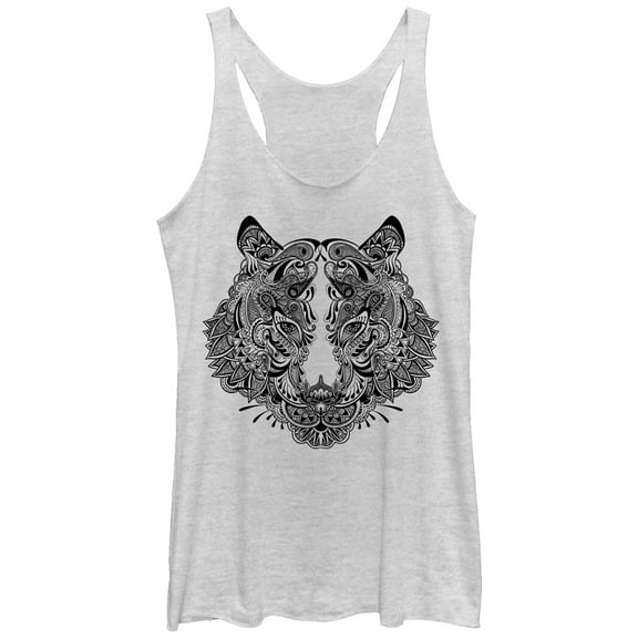 Women's Lost Gods Henna Tiger Print  Racerback Tank Top White Heather Large
