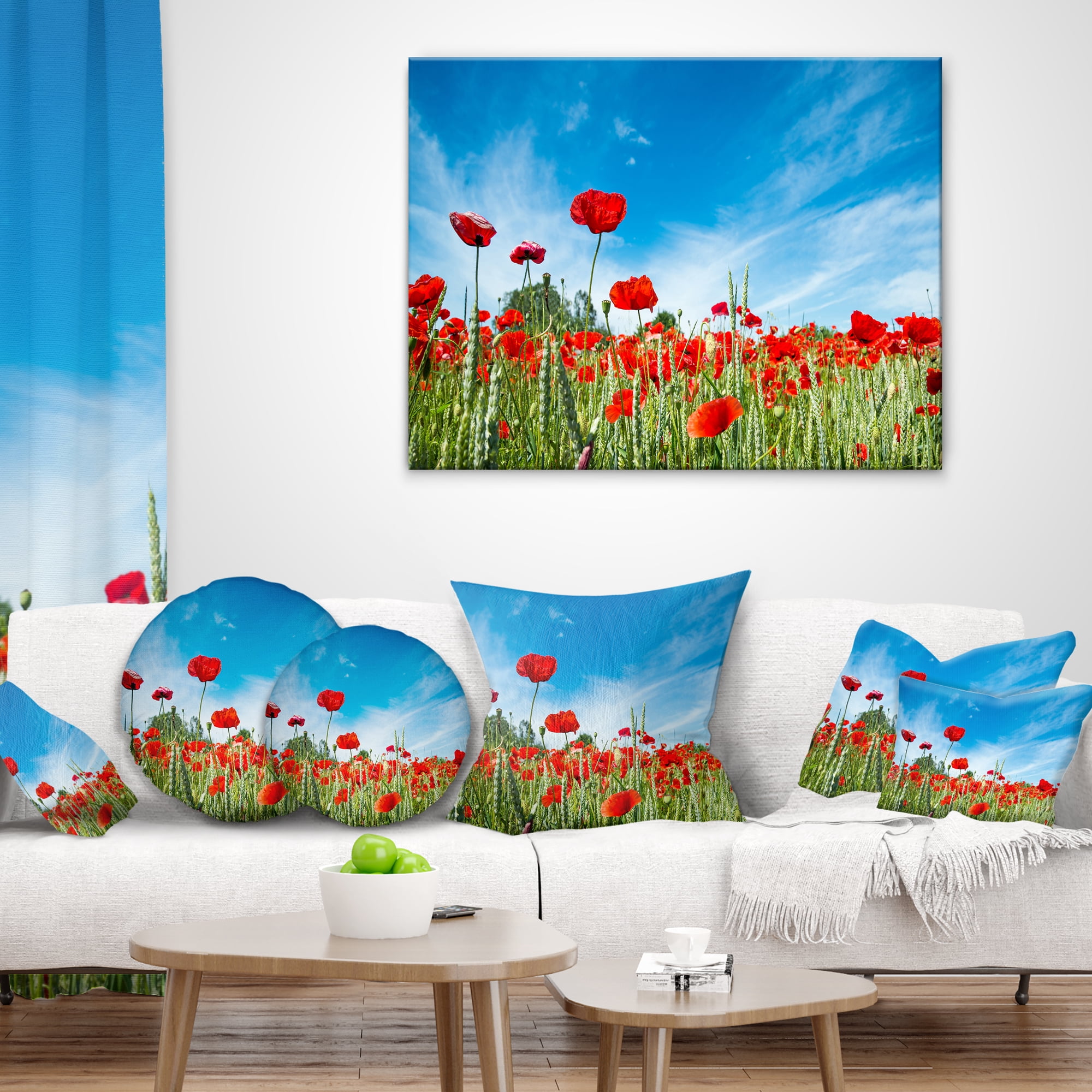 Designart Red Poppy Garden under Clear Sky - Floral Throw Pillow - 16x16