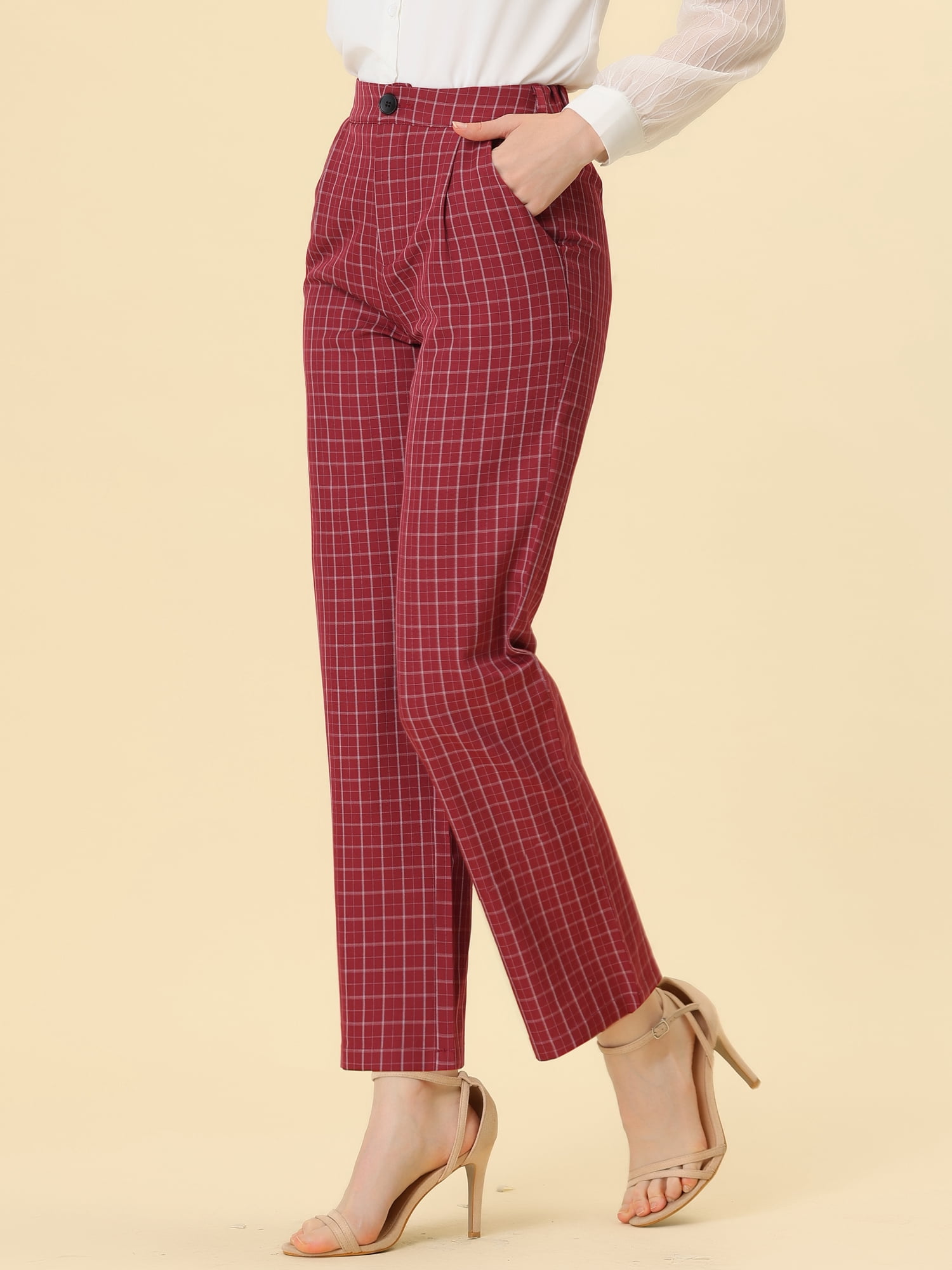 DARING DIVA Women's Plaid Trousers Pockets Straight Leg Casual Pant M Red