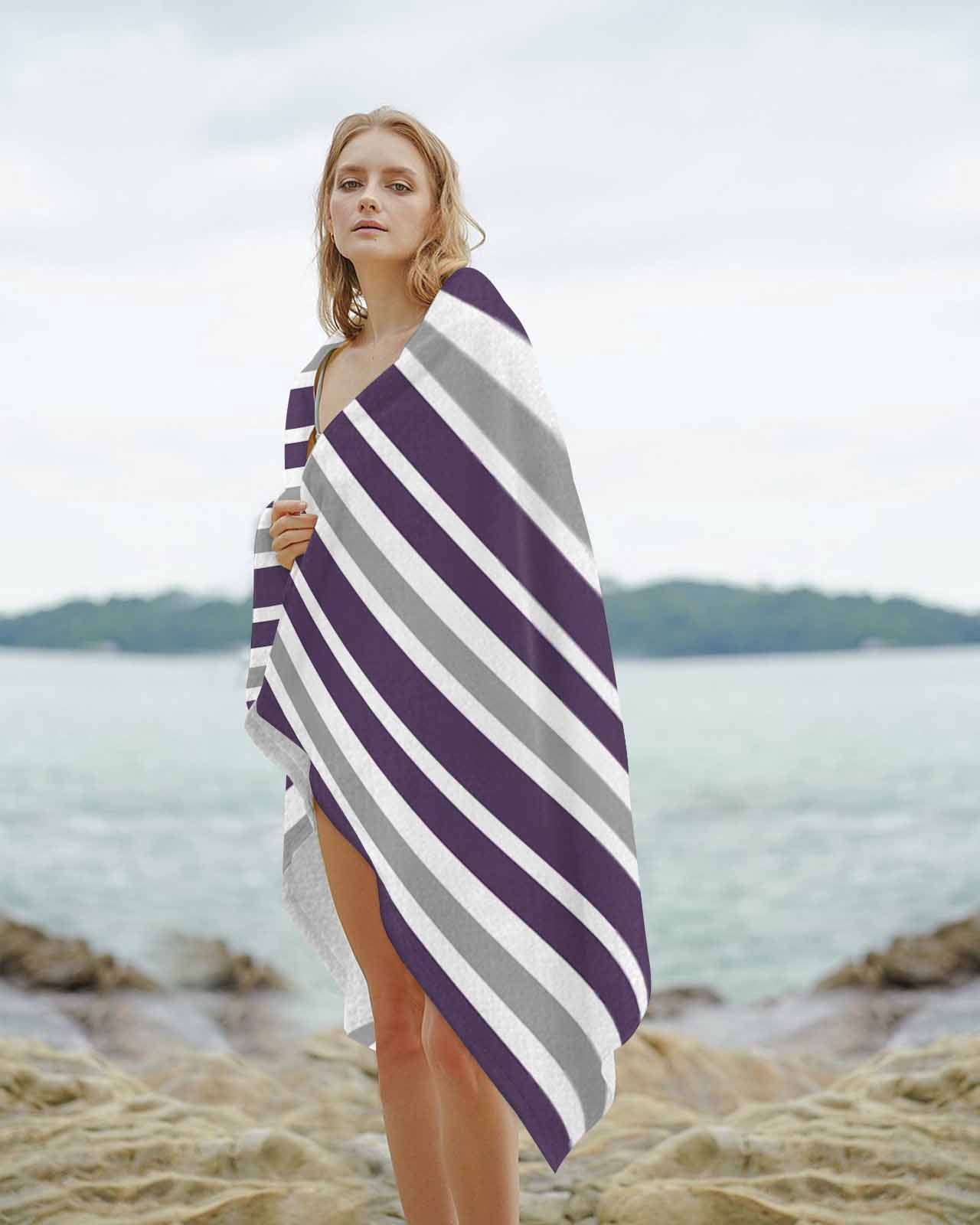 Purple Grey Striped Beach Towels Oversized Super Absorbent, Modern White Abstract Art Aesthetics Lightweight Bath Towel Quick Dry Sets For Bathroom/Pool/Rv Camping/Beach Play/Gym Room/Picnic 30"x60"