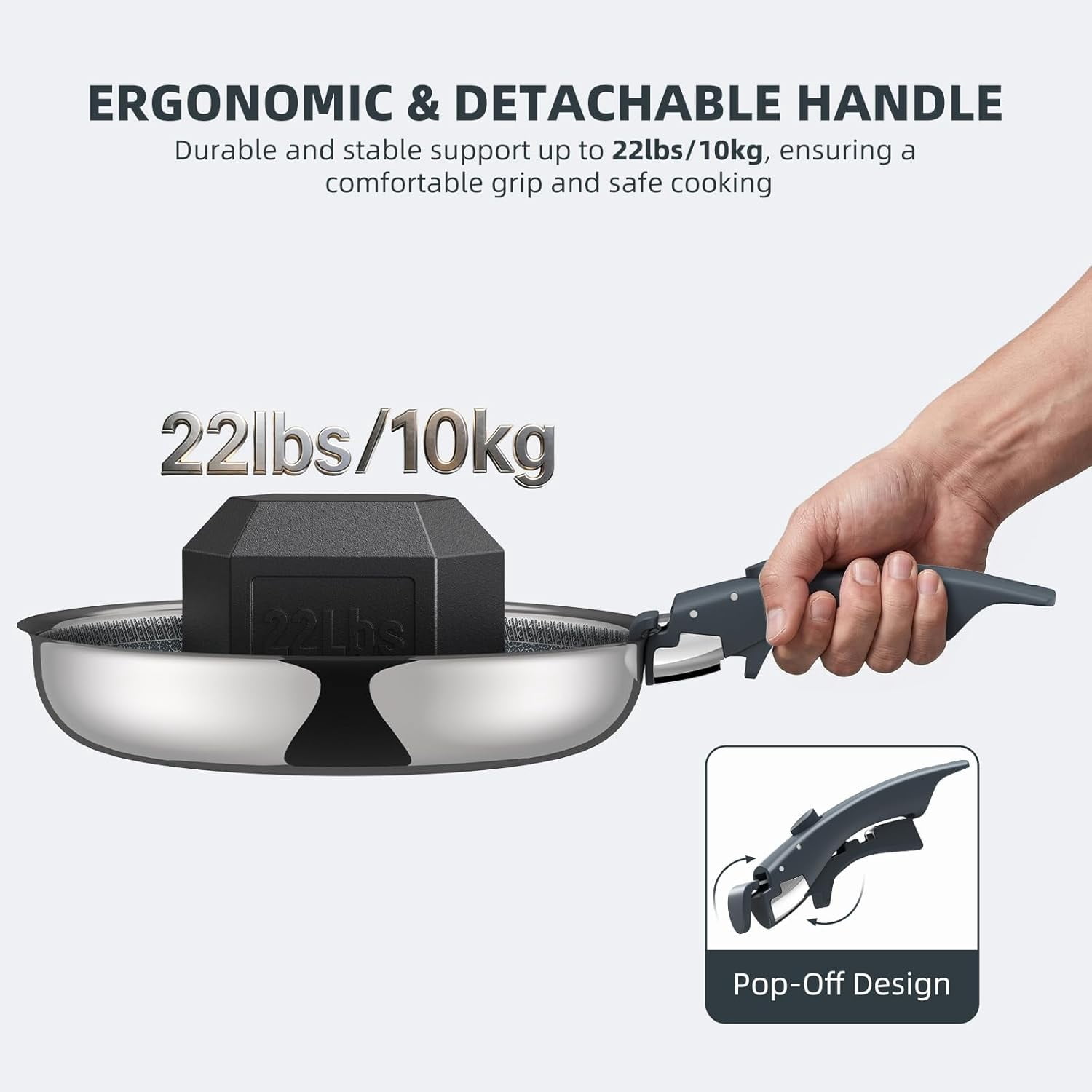 Hybrid Non Stick Frying Pans Set 3-Piece Tri-Ply Stainless Steel Detachable Handle Skillets for All Cooktops