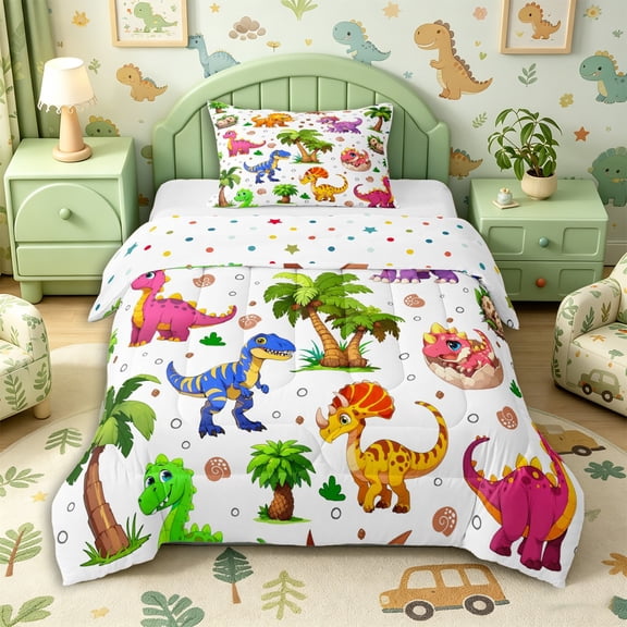 Metsweet 3D Cute Dino Twin Comforter Sets 2pcs, Cartoon Animal Bedding Set, Pink Orange Purple,1 Comforter and 1 Pillowcase