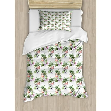 Palm Tree Duvet Cover Set Twin Size, Tropical Island Inspired Pattern with Flamingo Birds Hibiscus Flowers Watercolors, Decorative 2 Piece Bedding Set with 1 Pillow Sham, Multicolor, by Ambesonne